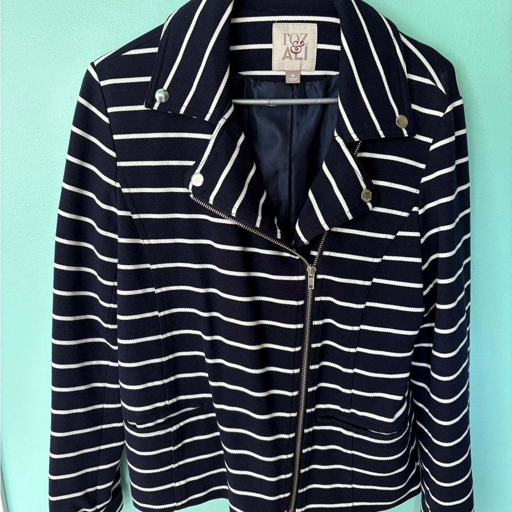 Roz & Ali Women's Navy Striped Bomber Jacket